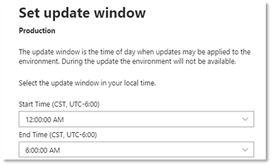 The Update Window settings page in the Business Central Admin Center