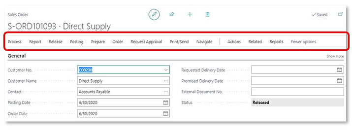 The Sales Order page in Business Central with the ribbon highlighted