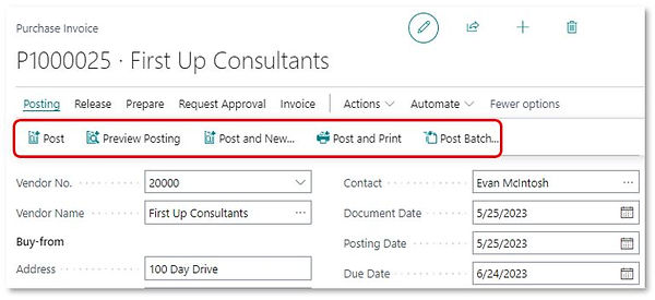 The Purchase Invoice page in Business Central with Posting menu highlighted