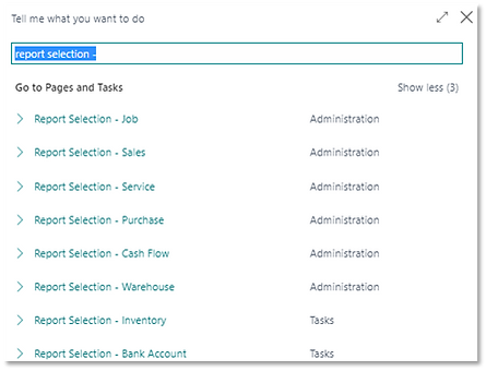 List of Report Selections menu options in Business Central