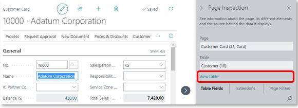 The Customer Card page with Page Inspection enabled and the "View table" option highlighted
