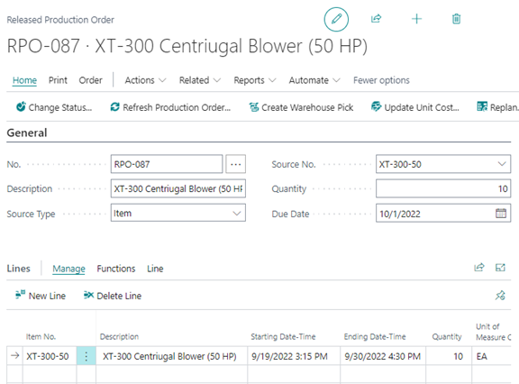 A sample Released Production Order in Business Central