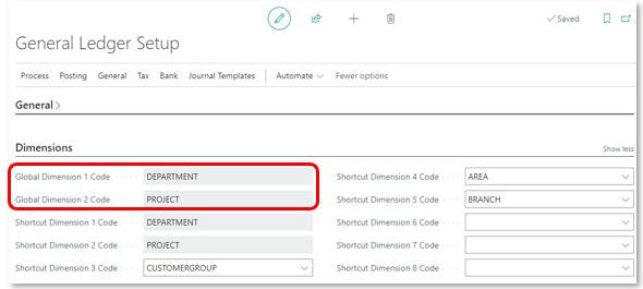 The General Ledger Setup page with the Global Dimension codes highlighted