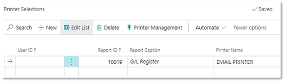 The Printer Selections page in Business Central