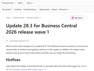 Business Central 28.3 Update page from Microsoft Learn