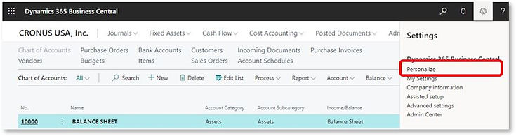 The Settings menu in Business Central with the "Personalize" option highlighted