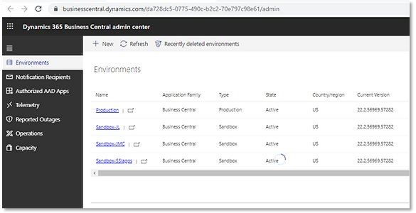 The list of existing Environments in the Business Central Admin Center page