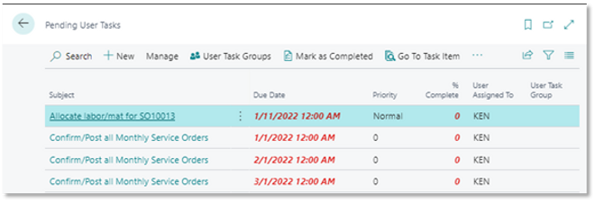The User Task List page in Business Central