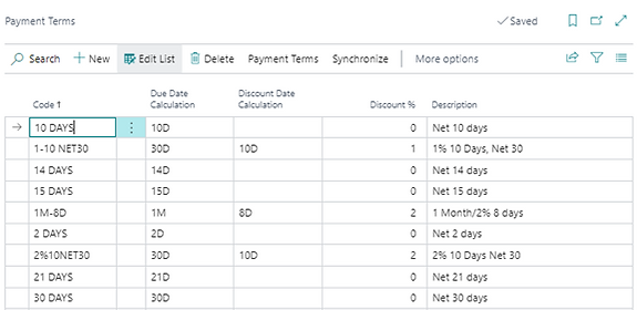 The Payment Terms page in Business Central