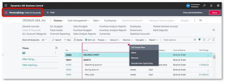 The Chart of Accounts page in Business Central running in "Personalize" mode