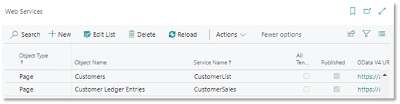 The Web Services page in Business Central