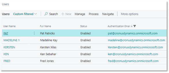 The Users list page in Business Central