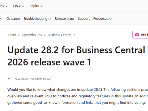 Business Central 28.2 Update page from Microsoft Learn