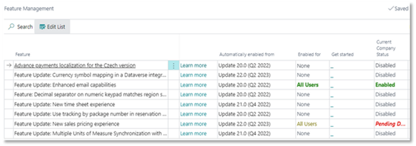 The Feature Management page in Business Central