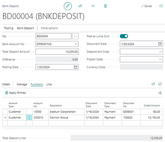 The Bank Deposit page in Business Central