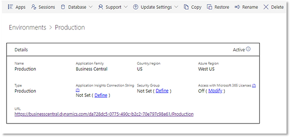 The Environment details page in the Business Central Admin Center