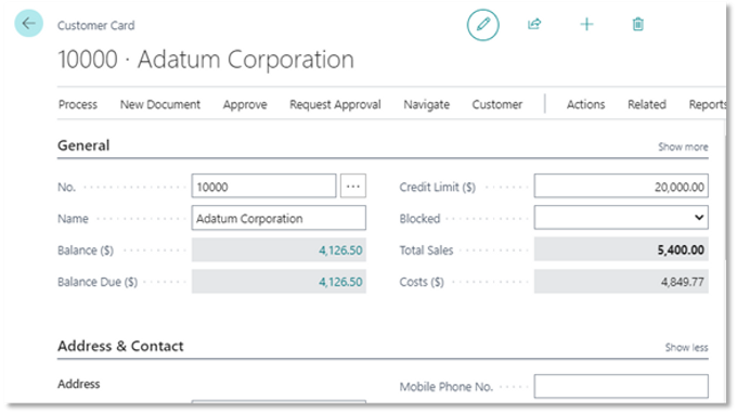 The Customer Card Page in Business Central