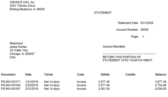 Sample of a Customer Statement report in Business Central