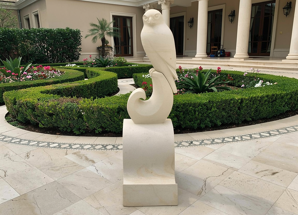 Kārearea - in-situ front view - hand-carved Ōamaru limestone sculpture by Brett Keno