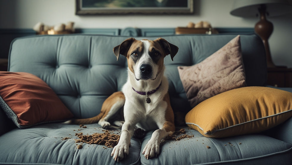 illustration d'un chien sur un canapé qui a fait des dégâts