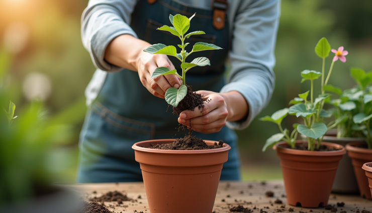 Eye-level view of a gardener carefully removing a plant from a flower pot
