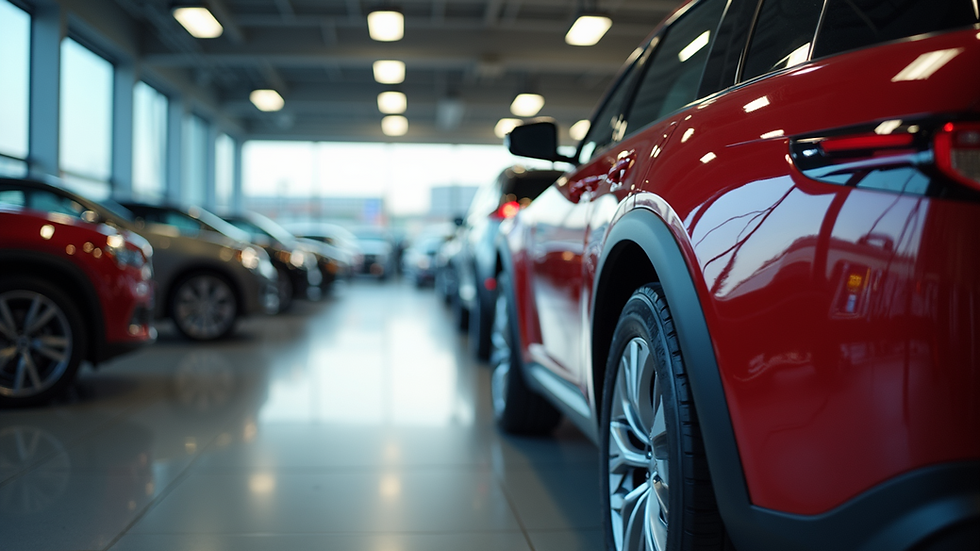 Eye-level view of a car dealership showcasing a variety of vehicles