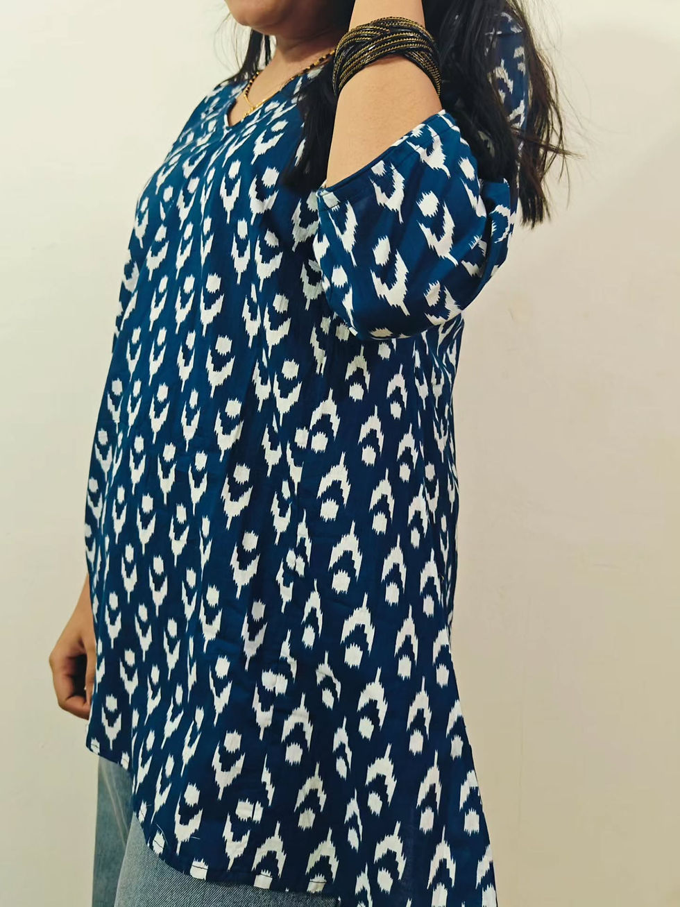 Thumbnail: Blue Floral Block Print Flared Short Kurti