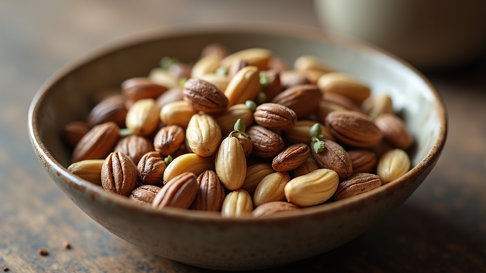 Close-up view of a bowl filled with mixed nuts and seeds