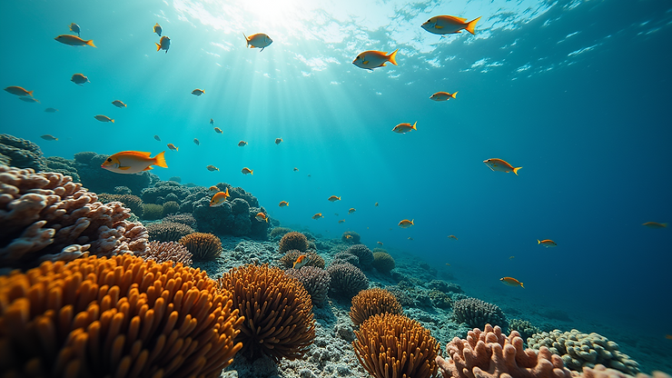 Eye-level view of vibrant fish schooling above coral at Manchones Reef