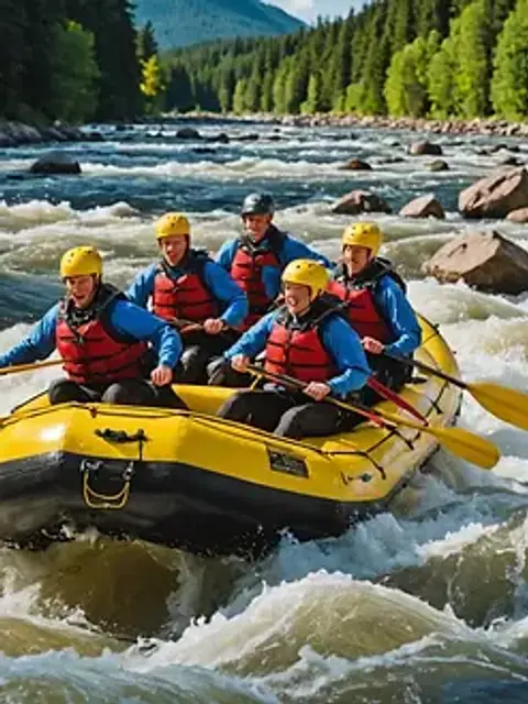 Eye-level view of a whitewater rafting adventure in a rushing river