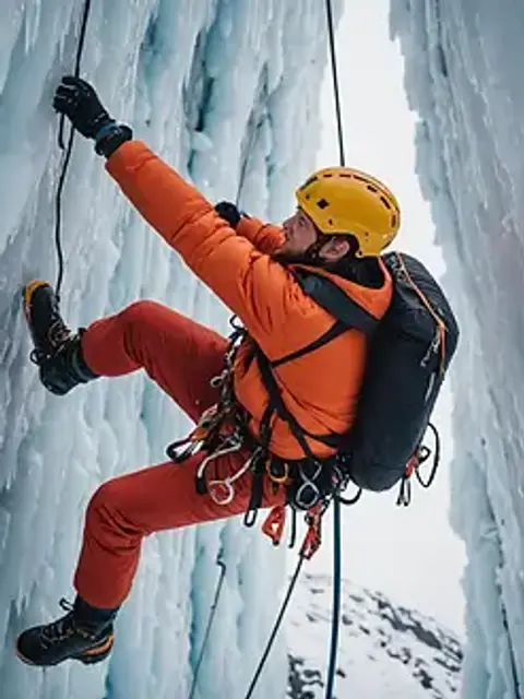 Close-up view of an ice climber scaling a vertical ice wall