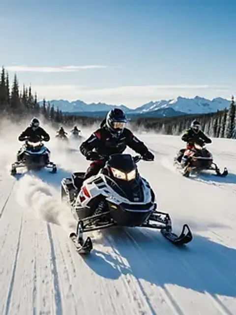Wide angle view of snowmobiles racing across a snowy expanse
