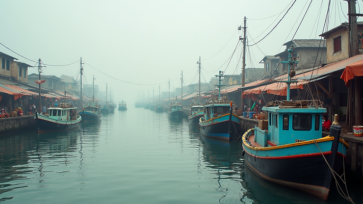 High angle view of Mahebourg Waterfront with fishing boats and local market