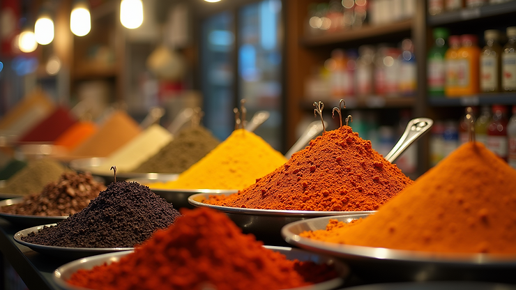 Eye-level view of a South Asian spice shop filled with colorful spices