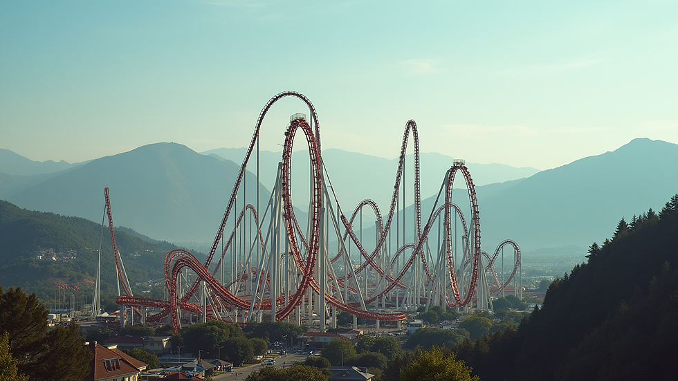 High angle view of roller coasters at Fuji-Q Highland