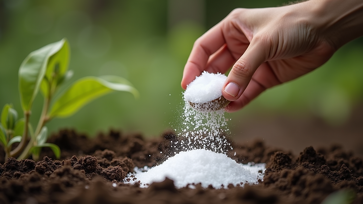 Close-up of Epsom salt being added to soil