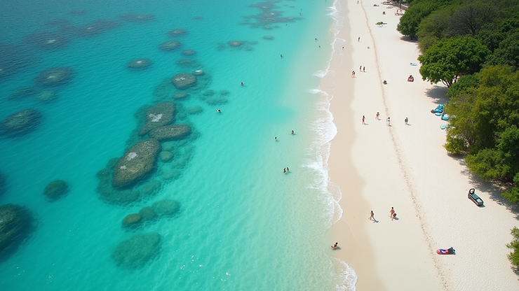 Bird's eye view of the beautiful Playa Akumal with vibrant blue waters