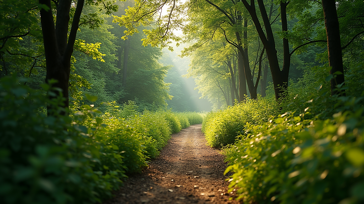Wide angle view of serene hiking trail through lush greenery