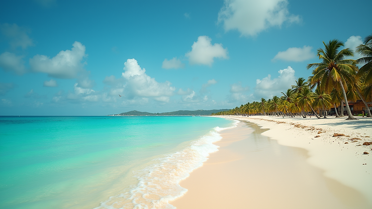 Wide angle view of Playa Delfines beach with turquoise waters