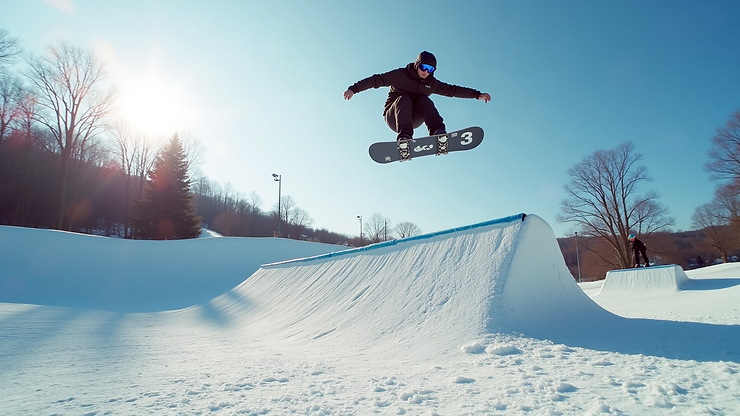 Eye-level view of JatzPark with snowboarders practicing jumps and tricks