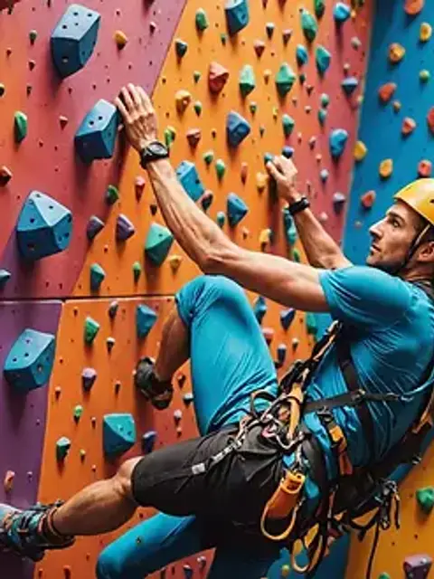Close-up view of a climber scaling a colorful climbing wall