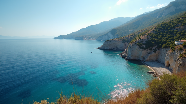 High angle view of the Aghia Dynami coastline with boats in the distance