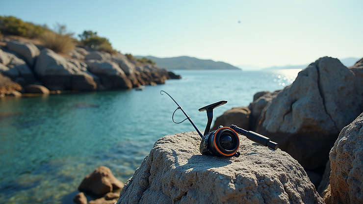 Eye-level view of Agios Sostis Rocks with clear waters and fishing gear