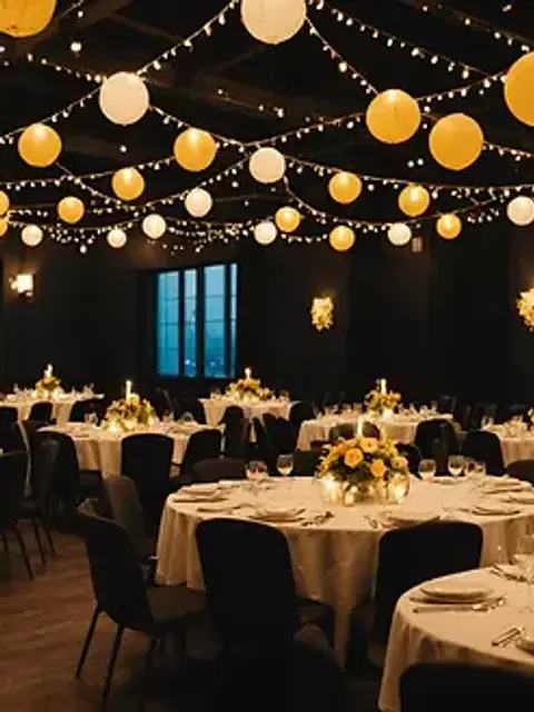 Close-up view of a darkened room decorated for a celebratory event
