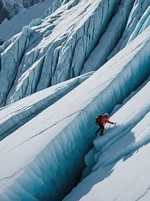 High angle view of an ice climber ascending a frozen glacier