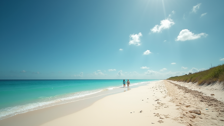 Wide angle view of the remote beach at Xcalak
