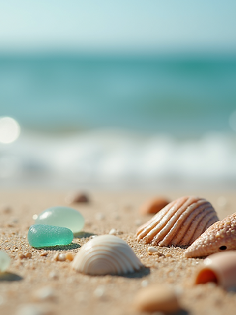 Close-up view of sandy shore with shells and sea glass