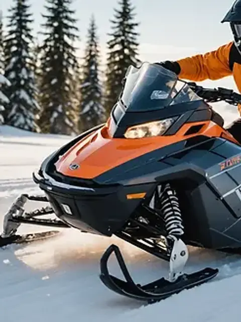 Close-up view of a snowmobiler speeding across a snowy landscape