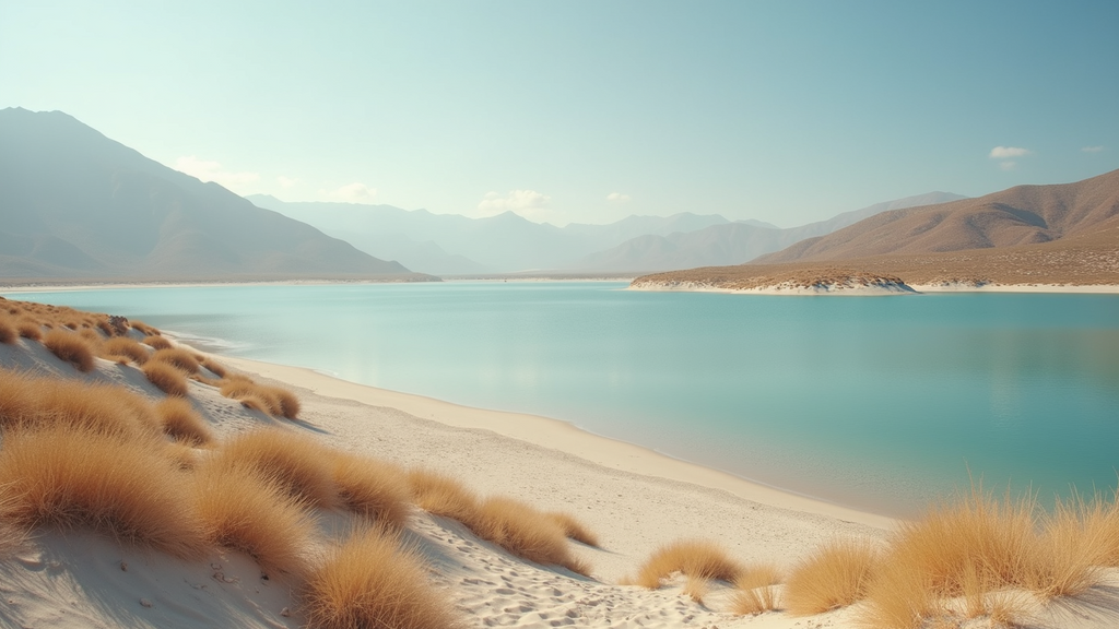 Wide angle view of Lake Francis Case with extensive sandy shores