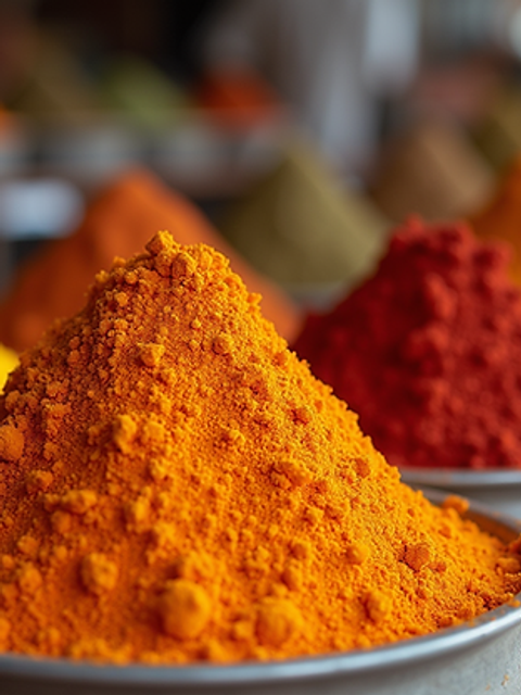 Close-up view of colorful Indian spices at a market in Little India